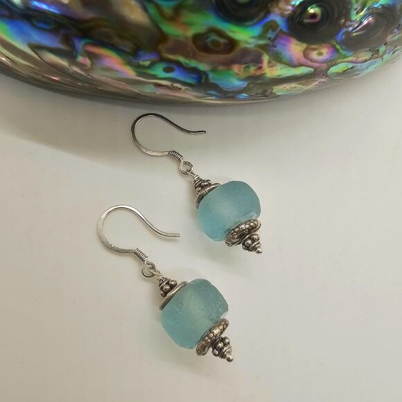 Recycled Grn Vintage Ghana Glass Beads Hill Tribe Sterling Earrings - Picture 8 of 8